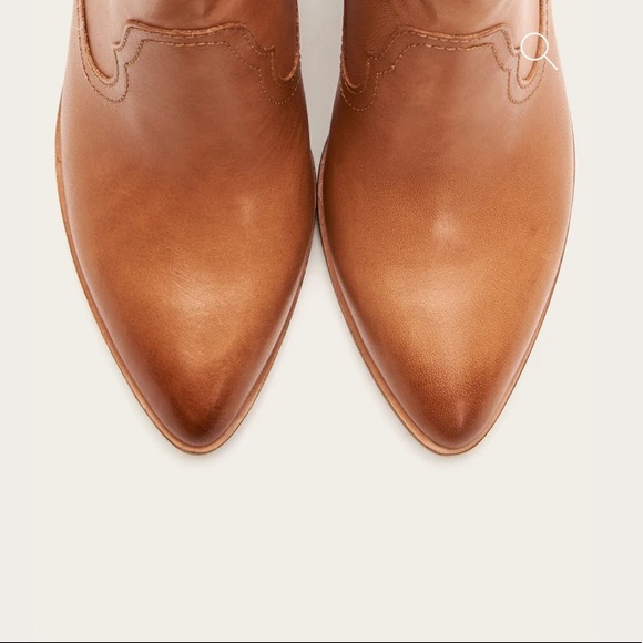 Frye Amado Wedge Cognac Leather Pointy Toe Cowboy Pull On Wood Heeled Ankle Boot - Picture 7 of 16